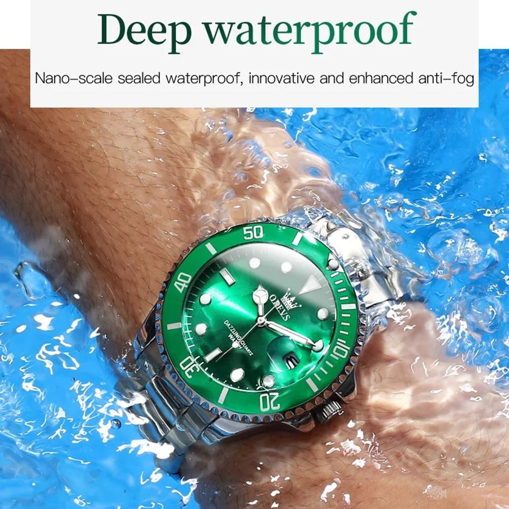 Herrenuhren Grünes Zifferblatt Wasserdicht Edelstahlarmband Kalender Quarzuhr Leuchtend Luxus Herrenarmbanduhr