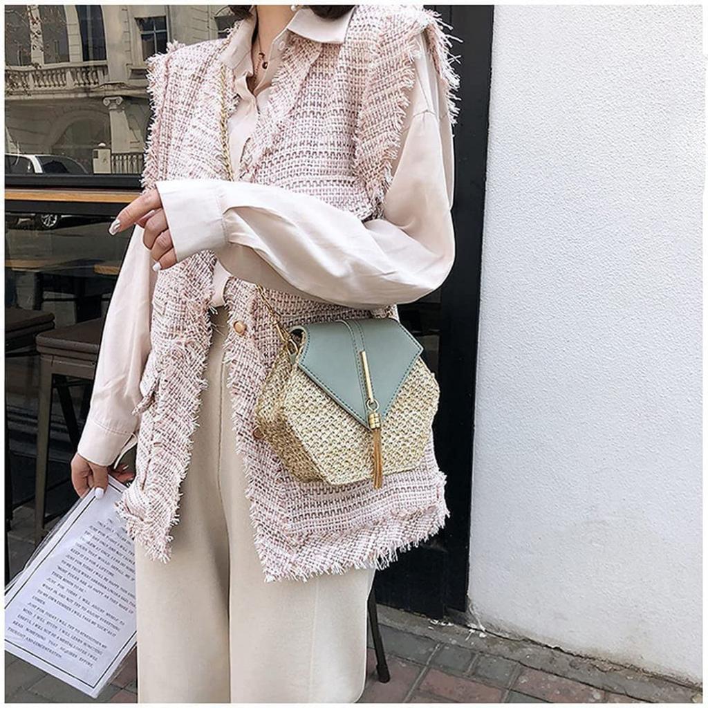 Women's Bag Woven Hexagonal Women's Bag Solid Color Single Shoulder Crossbody Bag Straw Bag Tassel Chain Bag