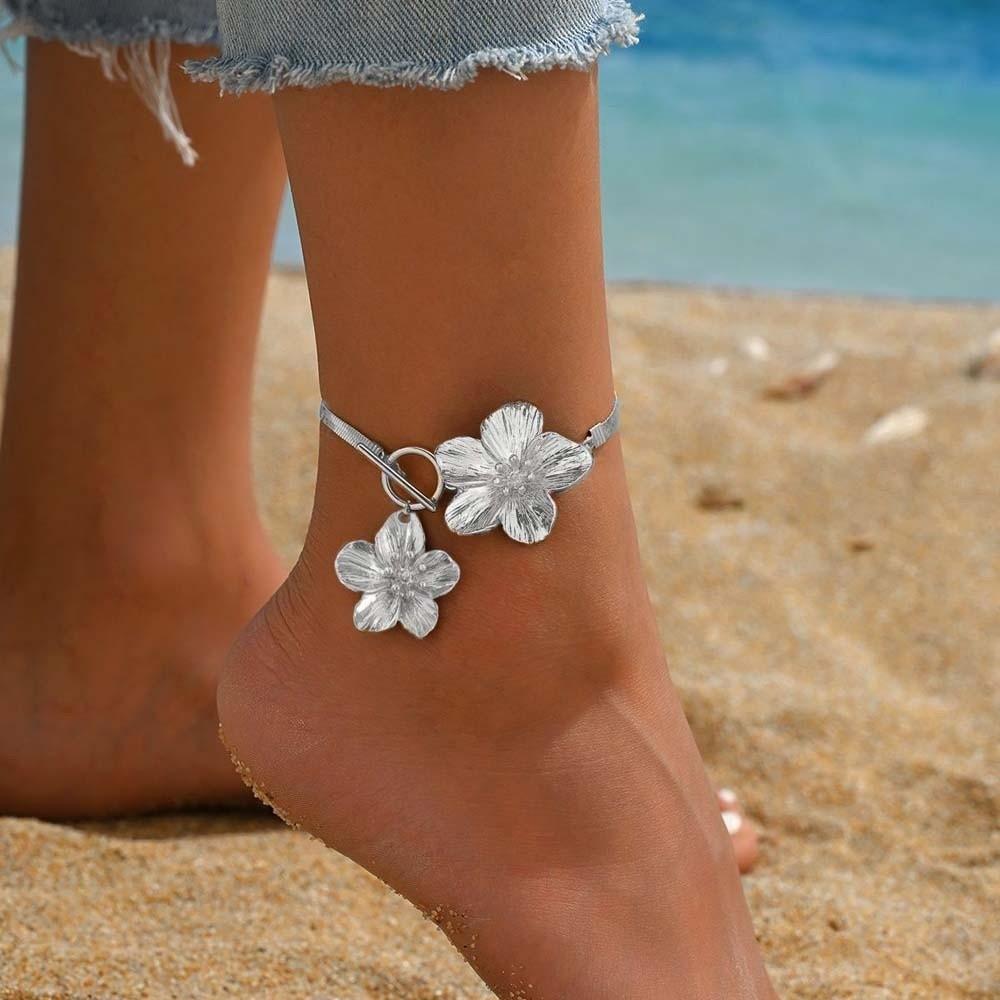 Golden Oil-Dripped Foot Chain Adjustable Beach Jewelry Simple Flower Pendant Anklet Summer