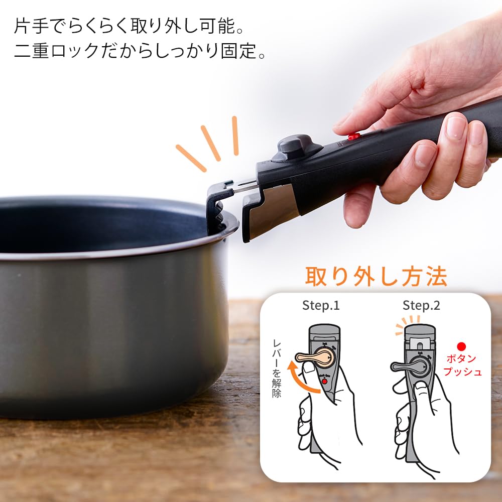 Iris Ohyama Frying Pan and Pot Set, IH & Gas Stove Compatible, 5-Piece Set for Single Living, Diamond Coated, Silver, Detachable Handle, Lightweight,
