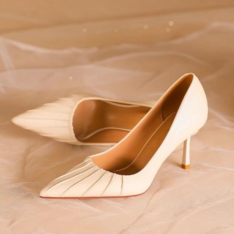 

Fashion Women s Slim Heel Shoes Spring New Pointed Head Shallow Mouth Fold A Slip-on Waterproof Anti-slip Wear-resistant High Heels 39 грязно-белый