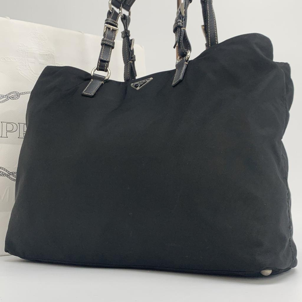 PRADA Tessuto Nylon Hand Tote Bag Shoulder Bag Triangle Logo Plate Silver Hardware Saffiano Leather Black A4 Size