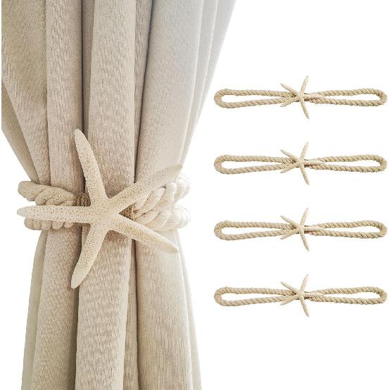 4 Pcs Natural Starfish Curtain Tiebacks, Handmade Woven Rope Curtain-Ties Scandinavian Minimalist Style Curtain Spreader for Outdoor, Hotel, Bedroom