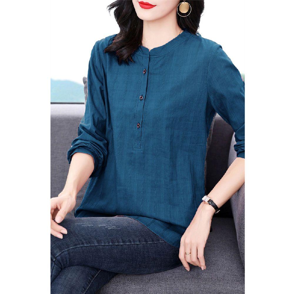 Large Size Women's Shirt Long Sleeved Top Women's Loose Spring Mid Length Solid Color T-shirt