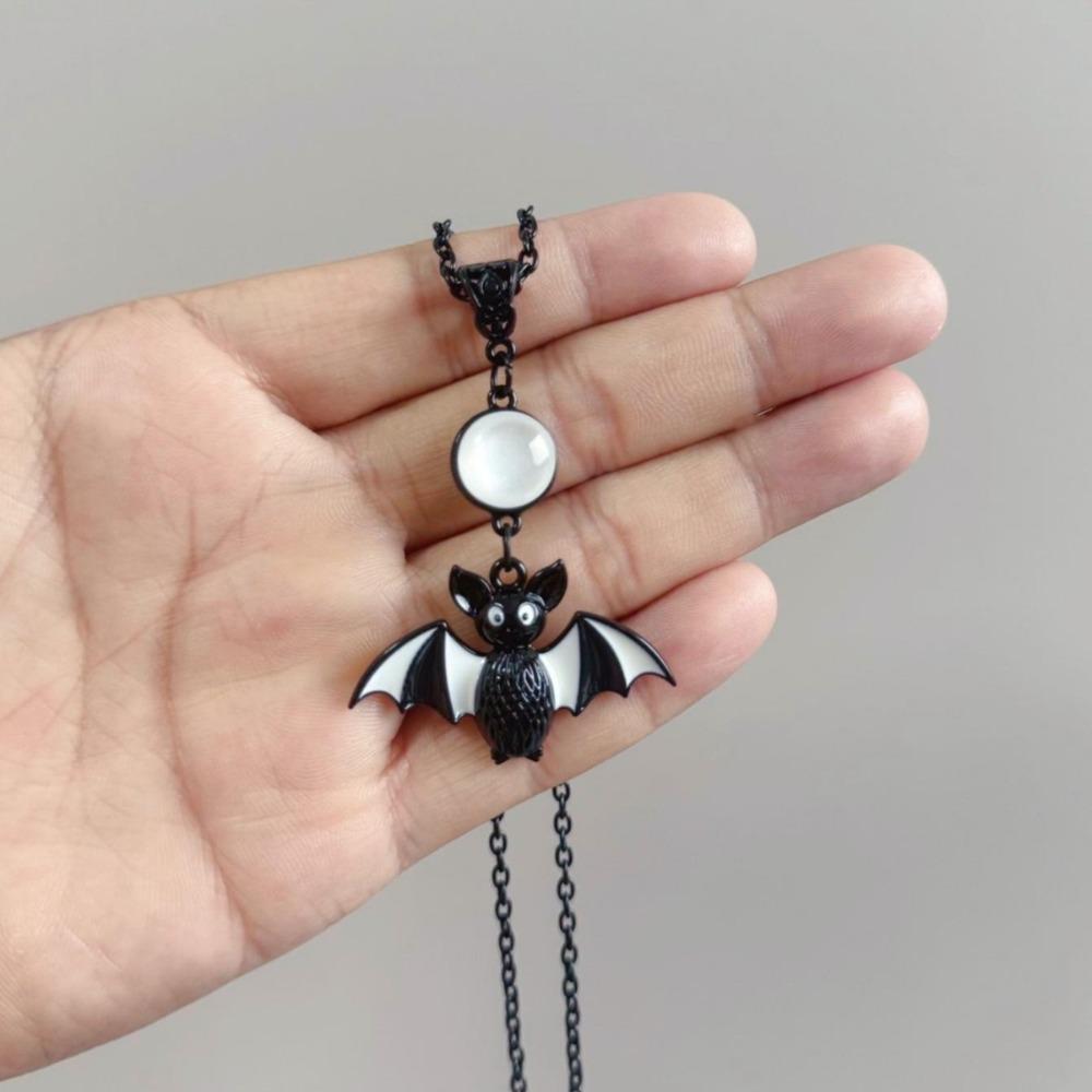 Gothic Personality Black Enamel Bat Opal Moon Pendant Necklace for Women Men Halloween Cute Punk Animals Jewelry Accessory Gifts