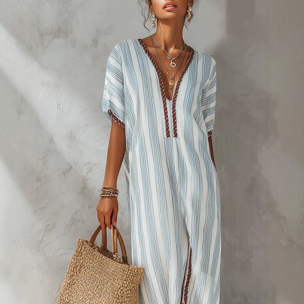 European and American v-neck striped holiday style summer new dress long