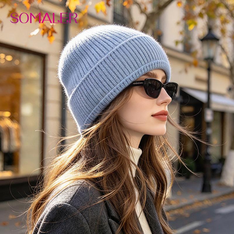 SOMALER Women's Autumn Winter Angora Knit Beanie Hat with Folded Cuff & Metal Badge Fashion Warm Cap 54-58cm