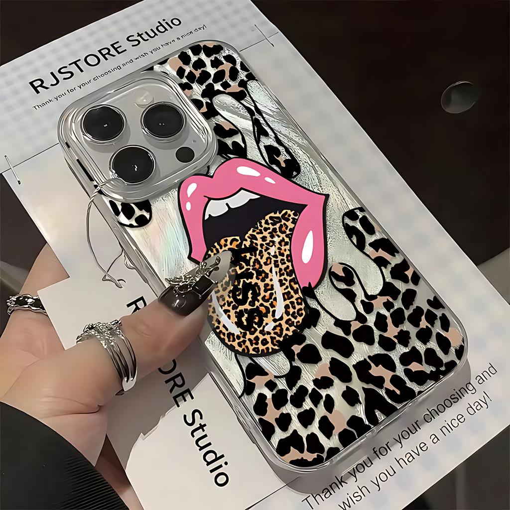 Large Tongue Leopard Print Phone Case for iPhone 17 16e 16 15 14 13 12 11 Pro Max X Xs XR 8 7 6s Air Plus Feather Texture Cover