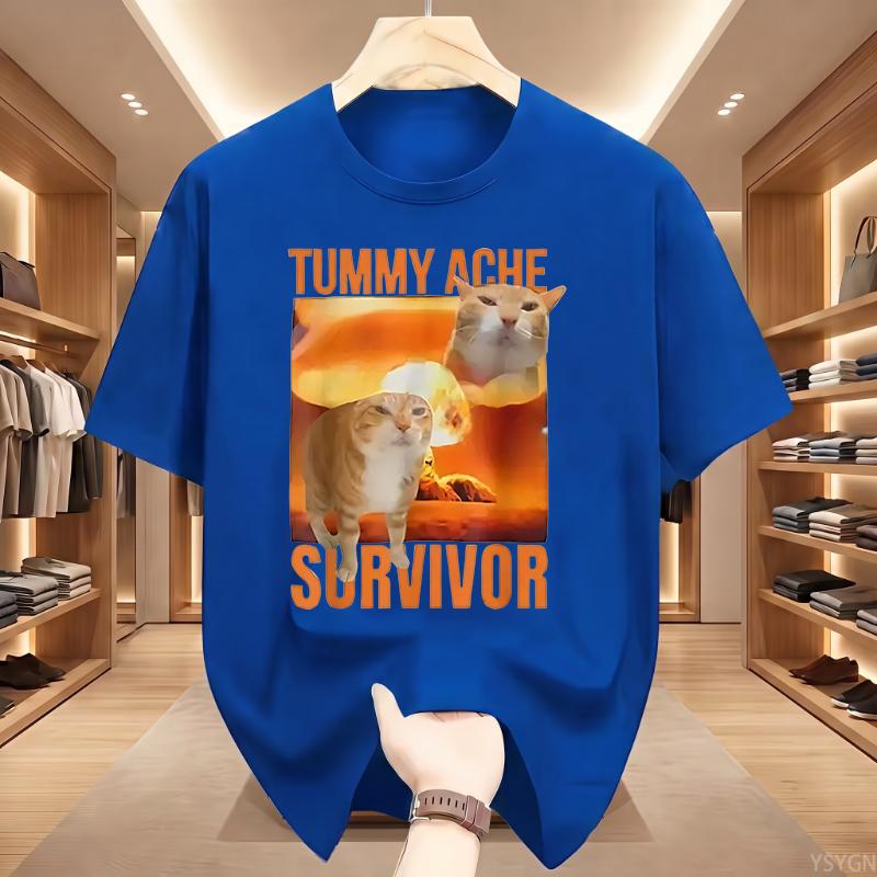 Tummy Ache Survivor Cat Funny Retro Casual Round Neck Pure Cotton Shortsleeved Tshirt Unisexs Summer Fashion Trend Breathable Top