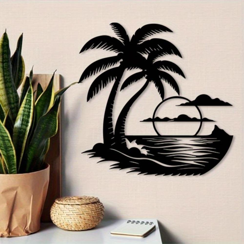 1pc Vintage Iron Palm Tree Sunrise Wall Art, Weather-Resistant Tropical Decor for Patio Lounge Office, Beach Theme Gift