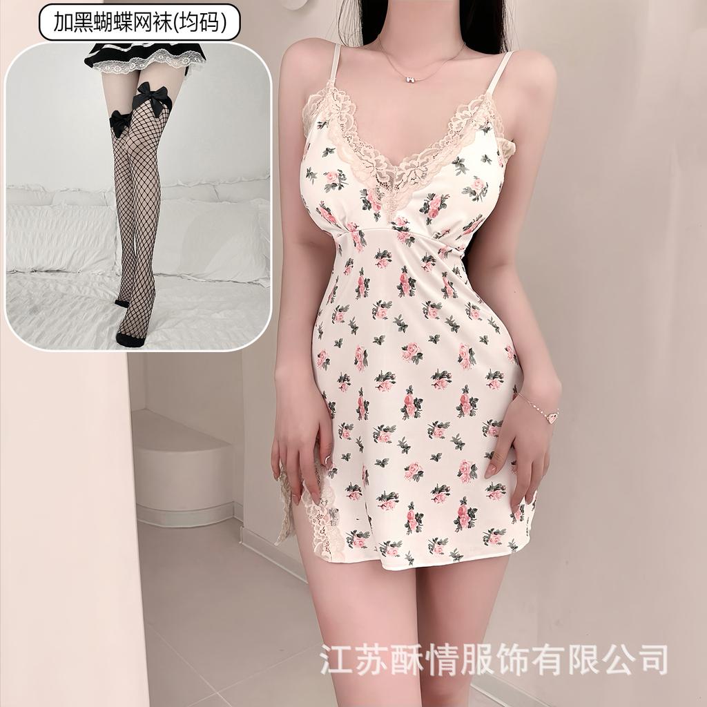 Crispy love bag chest lace pad pure hip suspender pajamas smashed flower sexy small chest pajamas color fresh wind short skirt