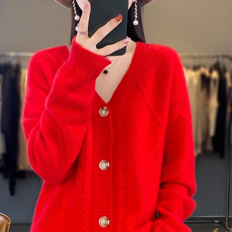 Women's 100% Cashmere V-Neck Long Sleeve Korean Style Loose Cardigan Sweater