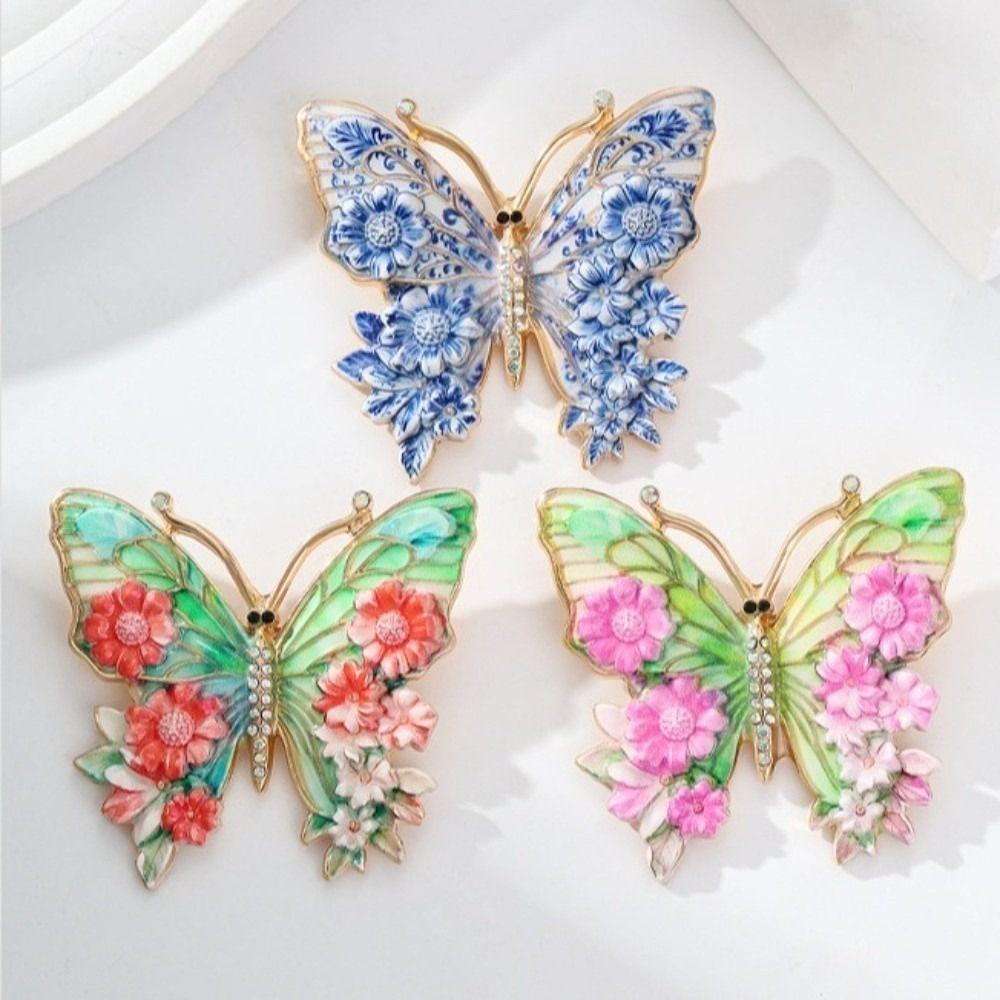 Enamel Big Flower Butterfly Brooches Rhinestone Enamel Lapel Pin Women's Clothes Pins Gifts