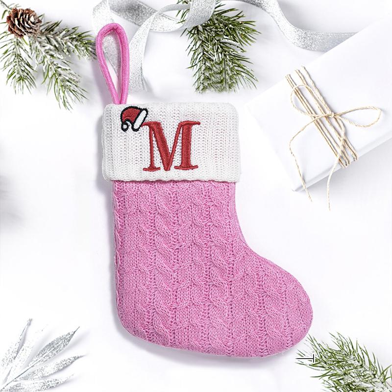 1PC Pink Christmas Socks Letter Embroidered Gift Pendant Knitted Letter Christmas Socks 3d Pendant Gift Bag