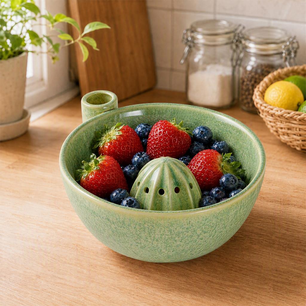 Integrated Drain Strainer Bowl Ceramic Berry Swirl Fruit Washing Colander Kitchen Vegetable Rinsing