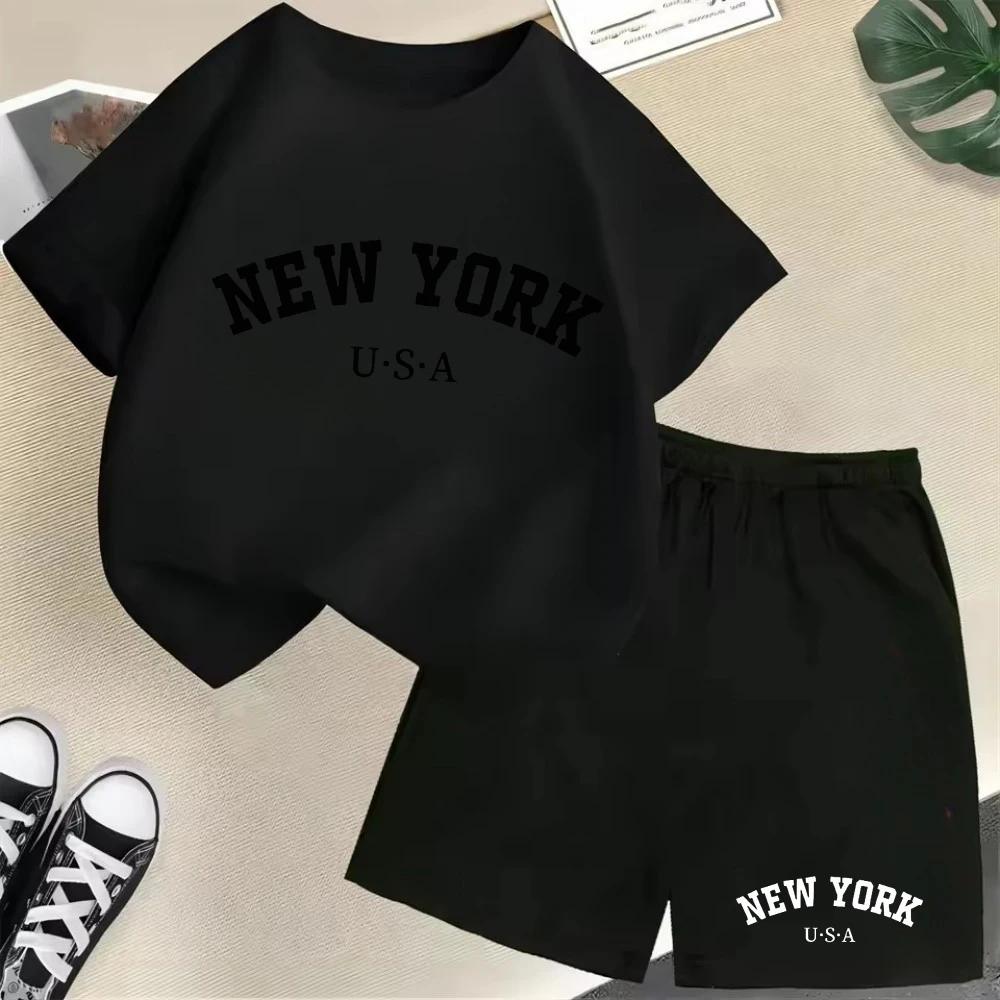 2026 New Kids Boys Girls New York Letter Pattern Polyester T-shirt+Shorts 2-Piece Set Casual Daily