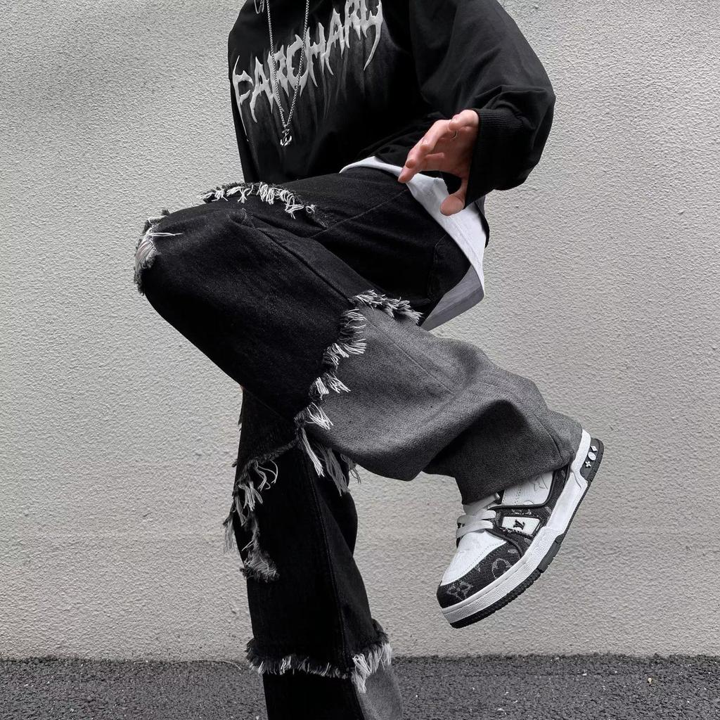 Men's European-Style Black Tassel Jeans - Trendy, Skinny Fit, Elastic, Raw Edge, Korean Fashion.