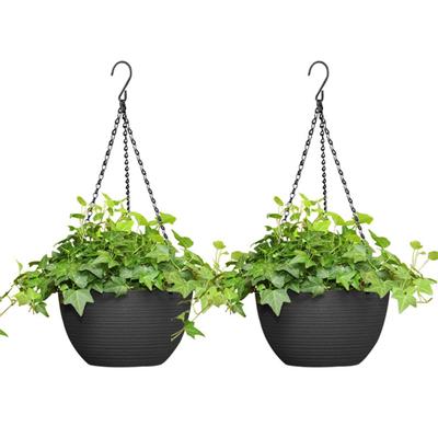 Outdoor Indoor Plant Hanging Planter With Drainage Holes And Chain, Garden Home Porch Decoration Dark Gray Round Hanging Planter
