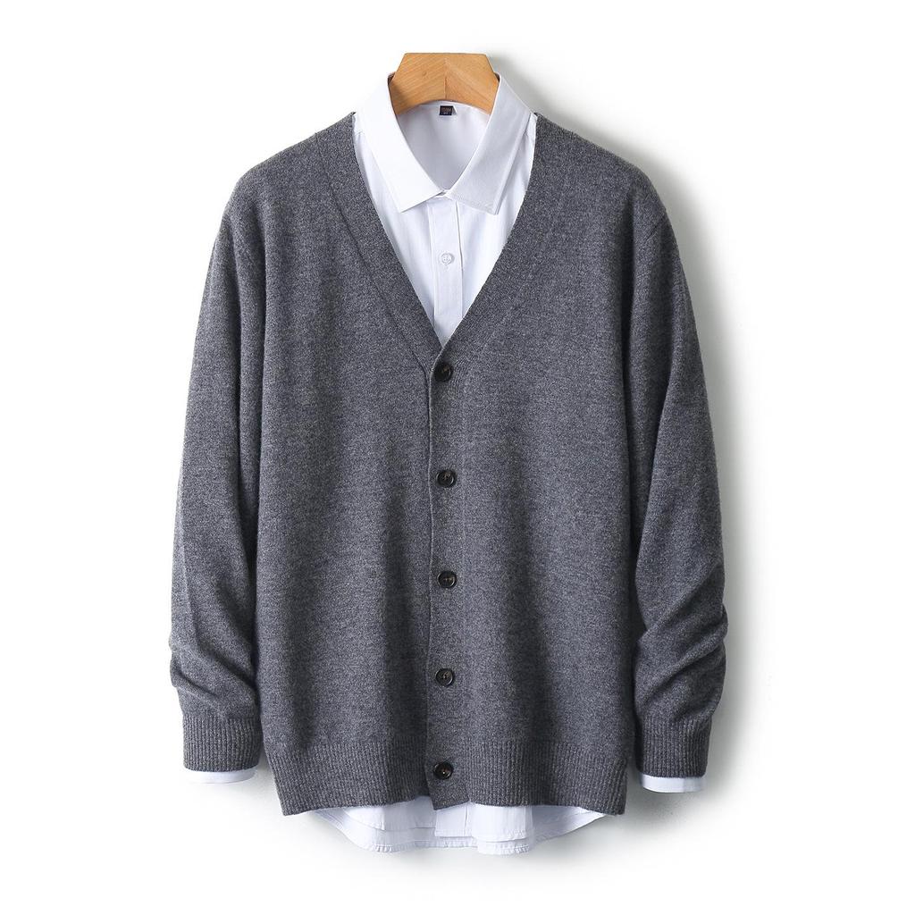 Men's V-neck Wool Cardigan: Autumn/Winter Business Casual Solid Color Long Sleeve, Warm Loose Knit Outerwear.