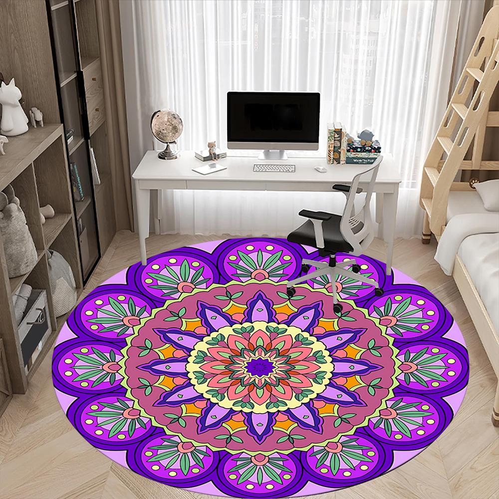 1pc Mandala Pattern Chair Carpet for Office, Round Polyester Mat, Indoor Decor for Office, Easycare Fabric, Washable Non-slip Area Carpet