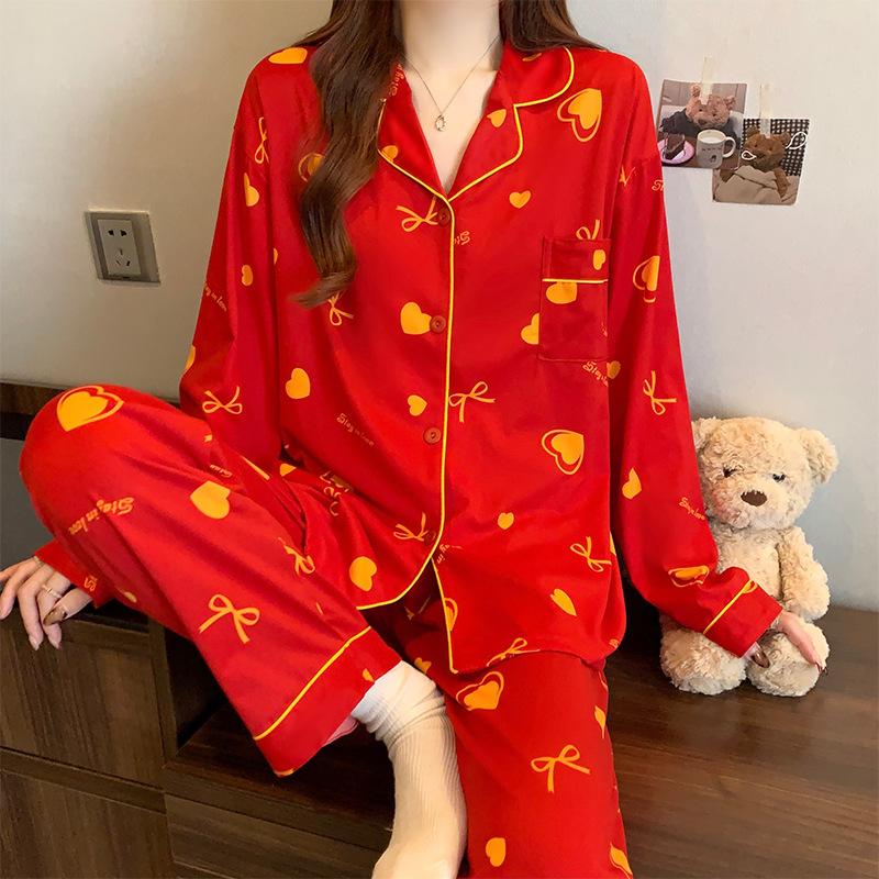 

Имитация хлопка Весенние Универсальные Красные Милые Пижамы с Любовью Женский Комплект для Молодоженов и Года Рождения Удобный Домашний с Длинным Рукавом 2XL