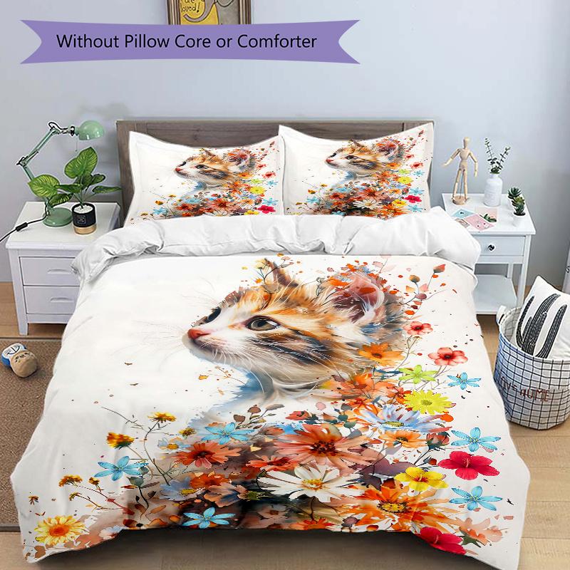 3pcs Adorable Orange Cat & Flower Design Printed Bedding Set, Soft and Comfortable Quilt Cover for Bedroom, Guest Room (1 Duvet Cover + 2 Pi 135cm*200cm