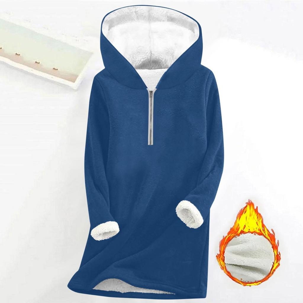 Fashionable women's fleece hooded solid color zipper long-sleeved top