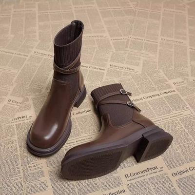 Damenstiefel Elegant Weiche Lederstiefel Outdoor Lässige Plateau-Stiefel für Damen Elastische Socken Stiefeletten Zapatos Mujer