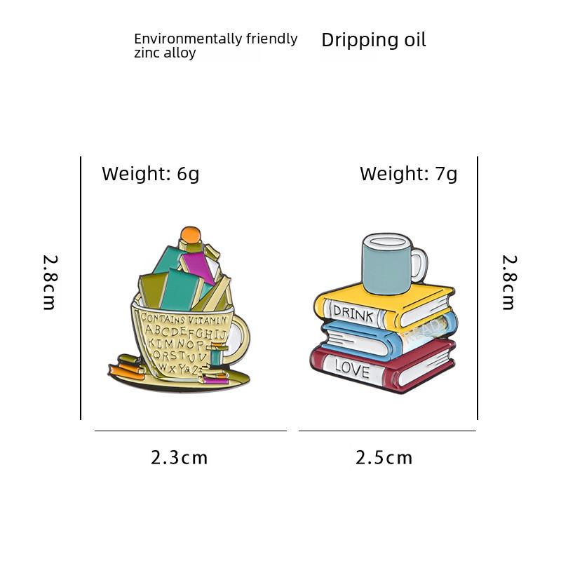 Enamel Coated Alloy Coffee Cup And Book Brooch For Eye-catching Fashion Accessories