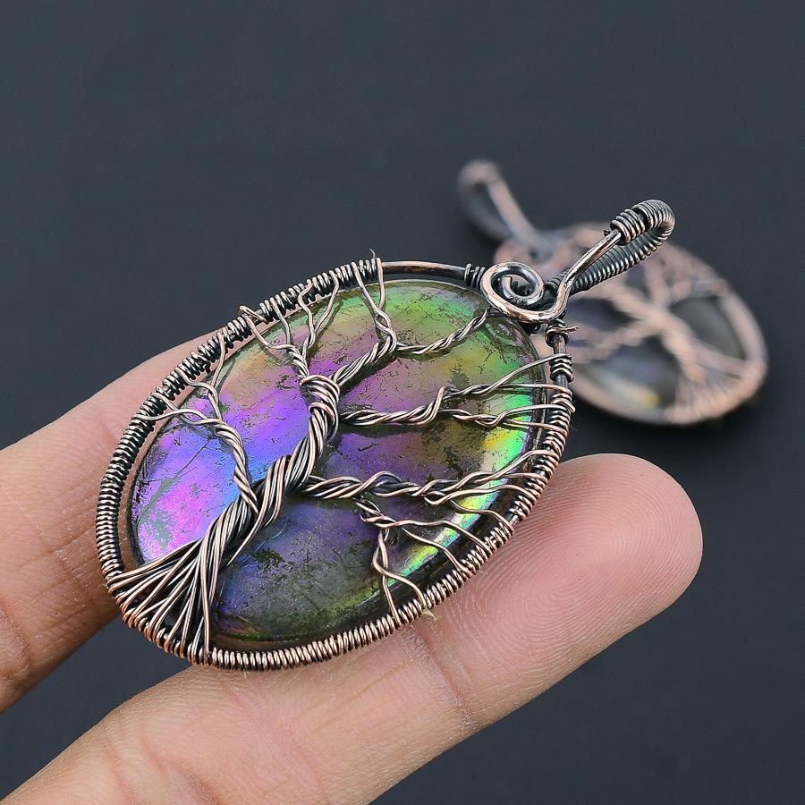 Natural Tree Of Life Multi Labradorite Copper Wire Wrap Pendant 2.56" v2d24