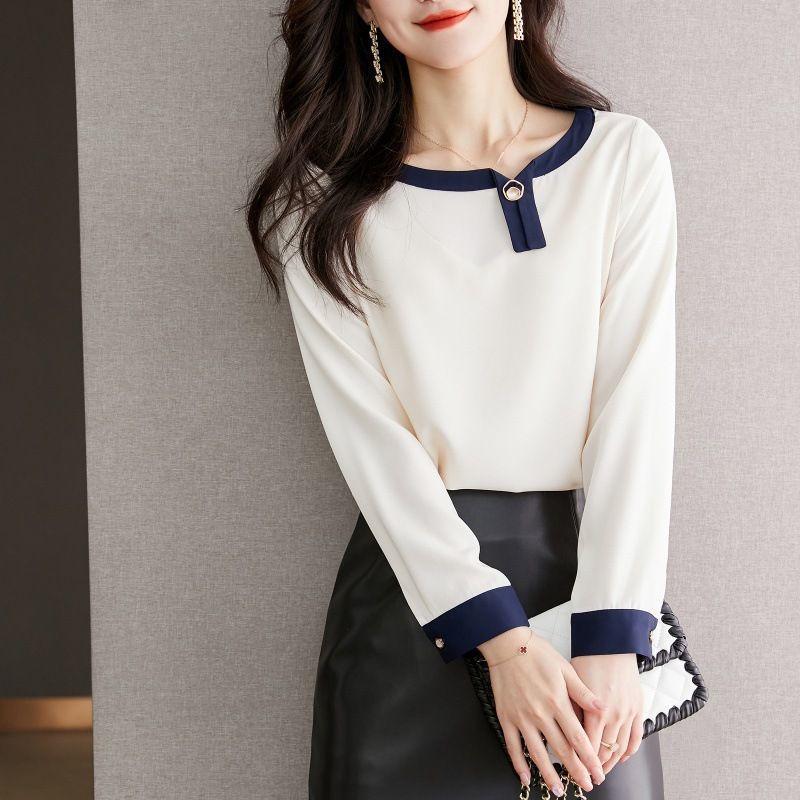 

Spring Autumn Women s Rivet Round Neck Pullover Chiffon Contrast Color Long Sleeve T-shirt Casual Elegant All-match Casual Tops S абрикосовий