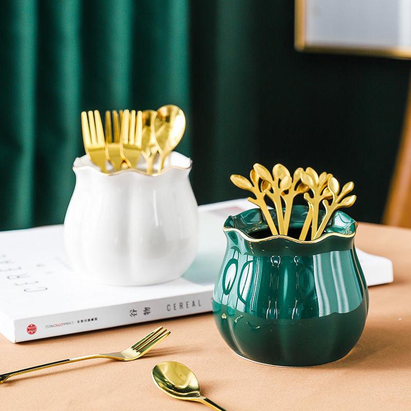 6pcs Fork and Storage Jar Set Simple Ceramic Stainless Steel Fruit Fork Set Dessert Fork Tableware Practical Kitchenware