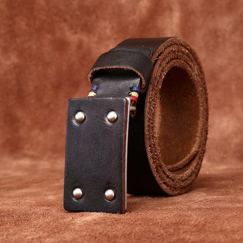 Retro Versatile Personality Trend Thickened Extra Thick First Layer Cowhide Smooth Buckle Belt Men'S Genuine Leather Plate Buckle Belt Men'S