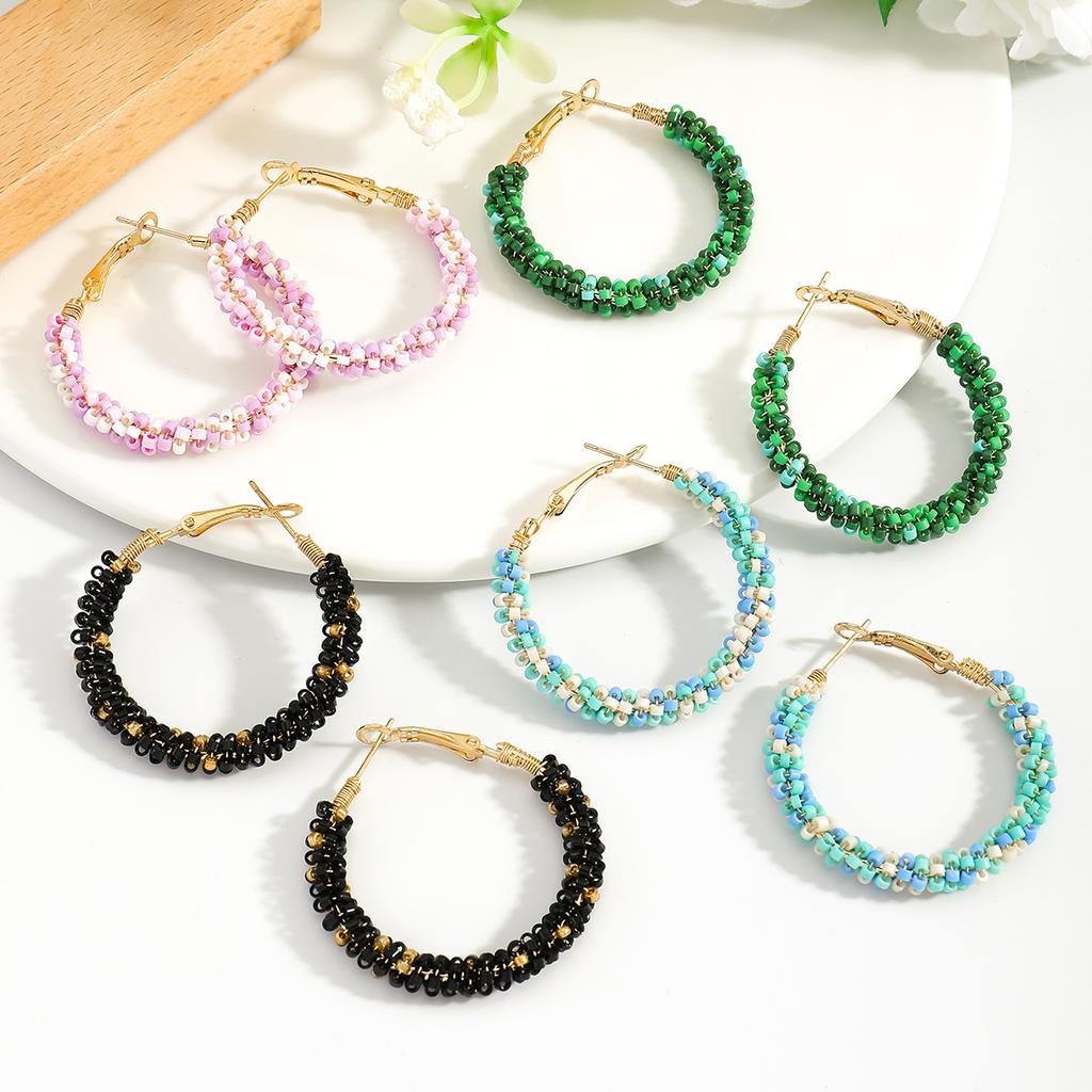 European and American exaggerated fashion handmade rice bead circle earrings colorful simple color matching hand-woven earrings