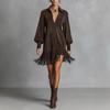 Hot sale in Europe and America, imitation suede V-neck lapel zipper fashionable hem fringed long-sleeved women