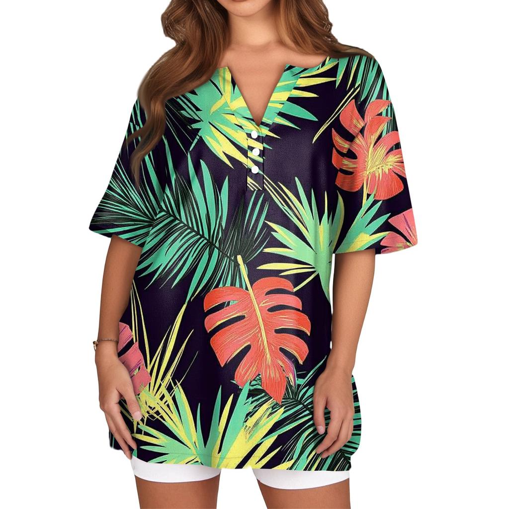 Women's T Shirt Print Button Short Sleeve Daily Weekend Fashion Basic V- Neck Regular Top