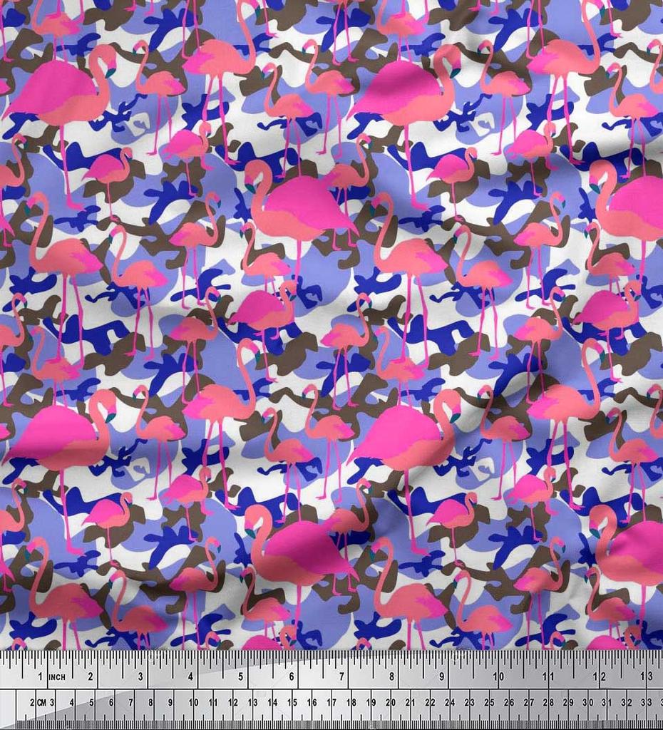 Soimoi Japan Crepe Satin Fabric Camouflage Texture & Flamingo Bird Printed Craft Fabric by the Metre 42 Inch
