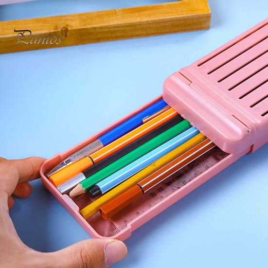 Sliding Button Pen Tray Portable Pencil Case with Magnetic Lock 7 Compartments Multifunctional Waterproof Children Gift Box for Students Kids