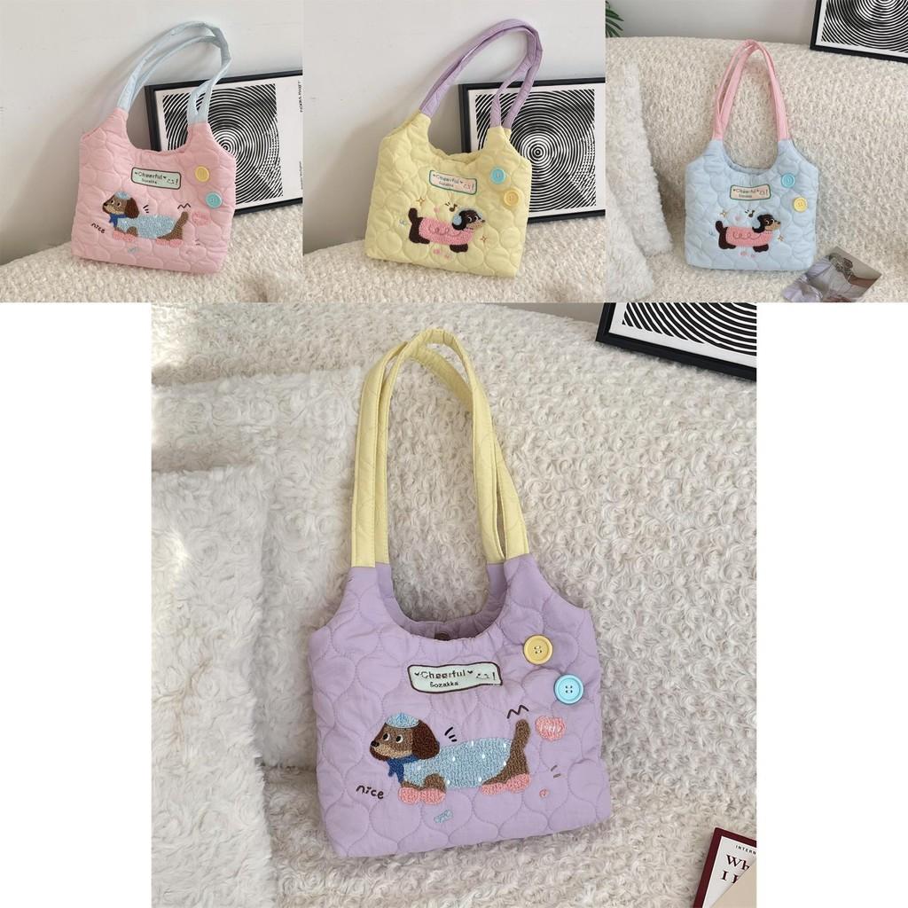 Trendy Street Style Student Tote Bag With Cute Embroidered Dog In Beautiful Hues