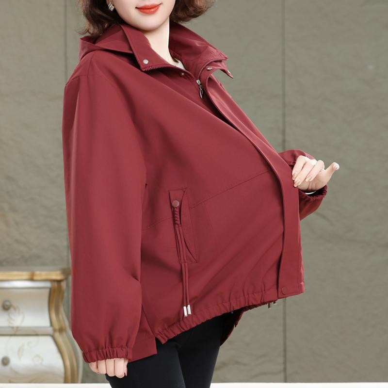 Women's Plus Size Solid Color Hooded Jacket – Drawstring Pocket Windproof Coat (Sizes 3XL-7XL) for Middle-Aged Women