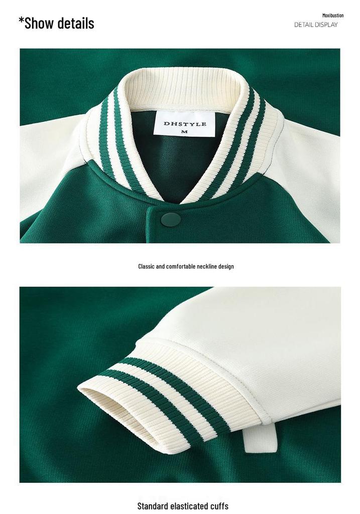 Women's Heavyweight American Retro Baseball Jacket - Early Autumn Raglan Sleeve Cardigan Hoodie