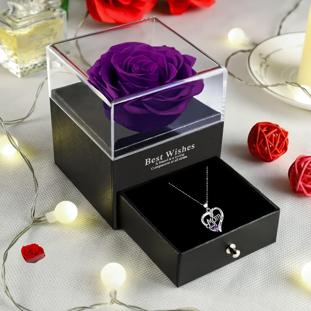 Luxury Soap Rose Gift Box with Purple Rose & "MOM I Love You" Heart Pendant Necklace - Elegant Mother's Day Anniversary
