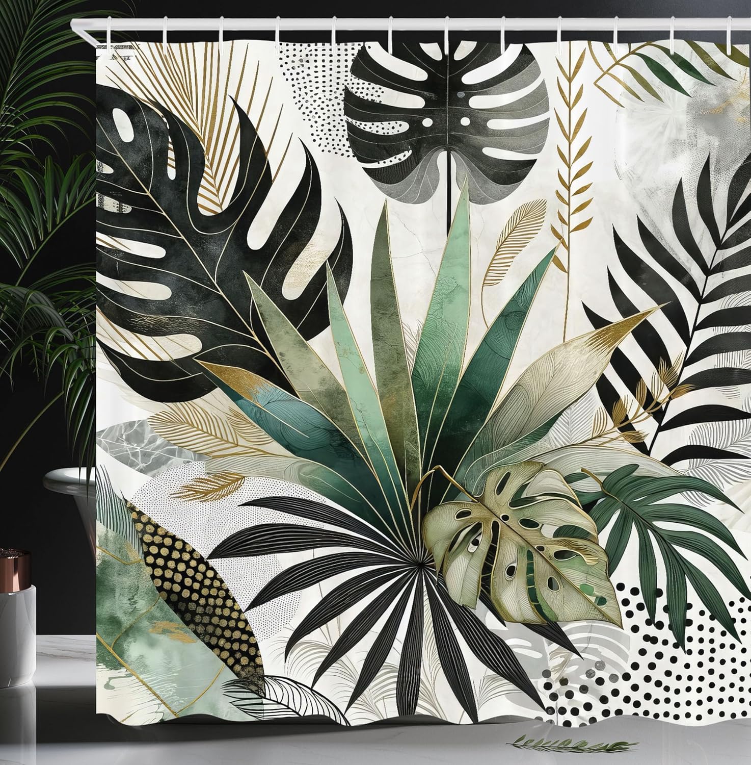 

Tropical Leaf Shower Curtain With Monstera And Palm Design Modern Boho Bathroom Decor Green Black Gold Color Scheme Artistic W60H190(CM)-1 Pcs
