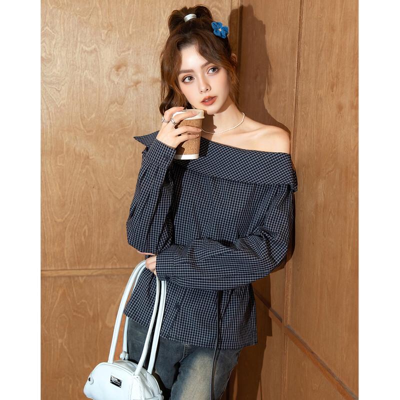 ET BOITE Retro Plaid Off-Shoulder Long Sleeve Shirt