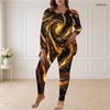 Women Plus Size Pants Set Round Neck Long Sleeve Black Teal Gold Printed Longline Top Fitted Pants