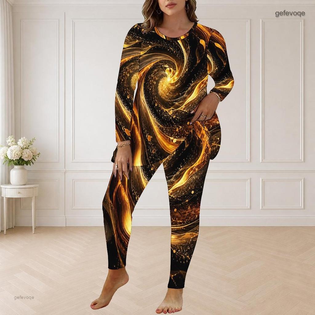 Women Plus Size Pants Set Round Neck Long Sleeve Black Teal Gold Printed Longline Top Fitted Pants