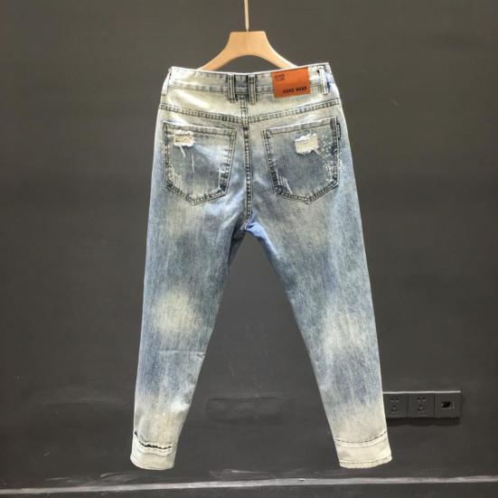 Holes Jeans Slim-fitting Cropped Zipper Closure Small-footed Mid Waist Daily Wear Breathable
