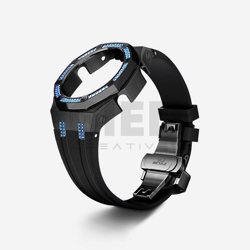 For Casio Octagonal Sport Watch GA2100/GA2110/GA-B2100 Modified Stainless Steel Metal Blue Diamond Case Strap Set Accessories