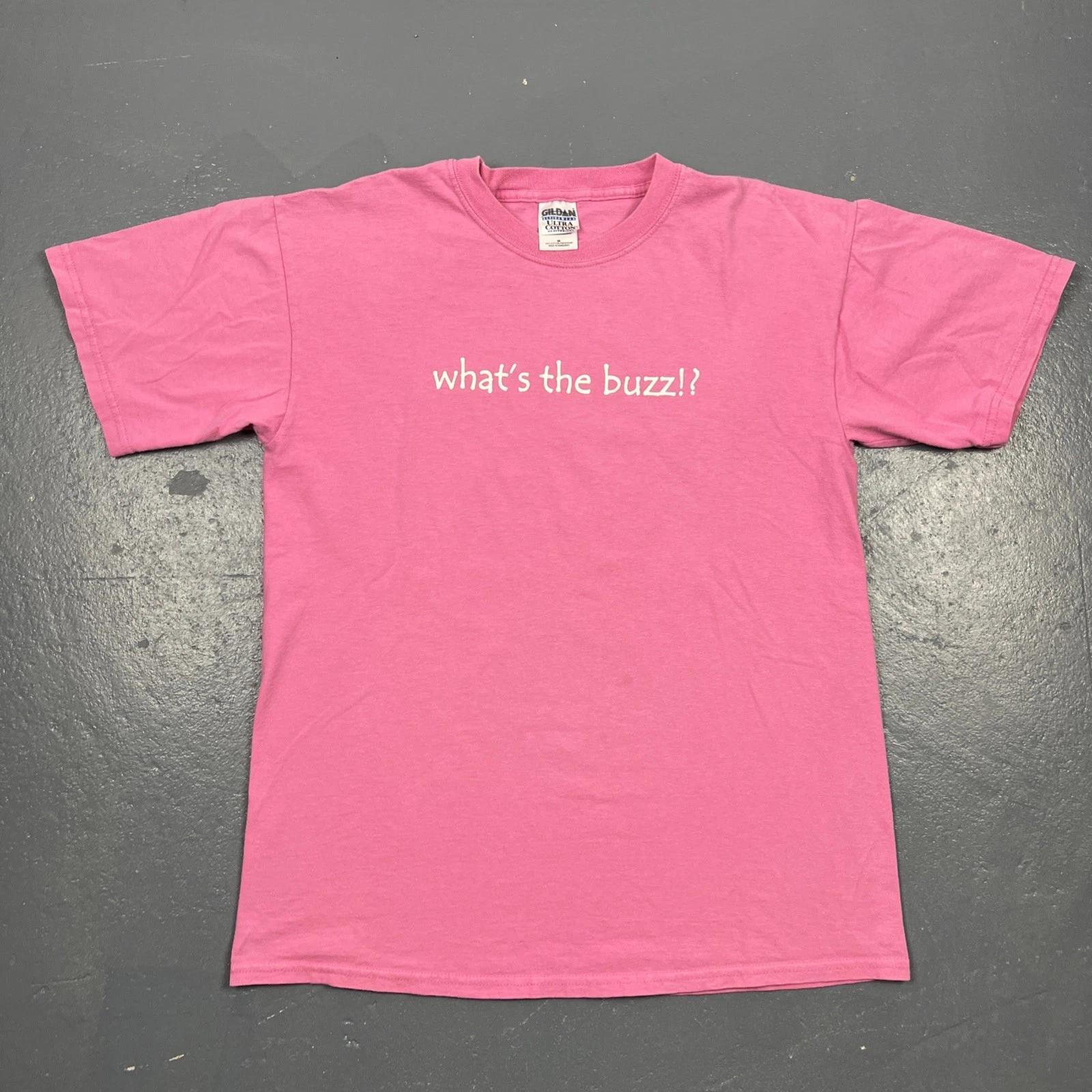 

Vintage Y2K The Buffalo News “Whats The Buzz” Tshirt Medium Pink Dbl Sided VTG S