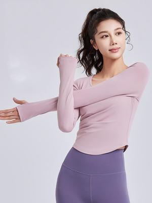 Pilates Sports Fitness Yoga Tops for Women New Quick Drying Slanted Shoulder Long Sleeves T-shirts Hollow Pleated Slim Tees
